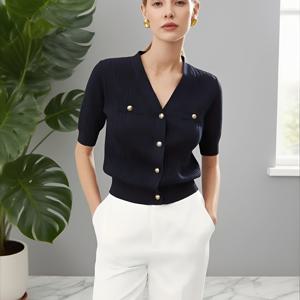TEMU 최신 여성용 우아한 V넥 버튼 카디건 - 프렌치 시크 스타일, 네이비 블루 & 골든 버튼, 가벼운 기계 세탁 가능 스웨터, 캐주얼 및 정장에 어울리는 다목적 패션, 고급스러운 선물, 디자인, 중성 컬러|반팔니트
