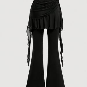 TEMU 여성용 블랙 와이드 레그 벨 바텀 팬츠 - 조절 가능한 레이스 스타일 밑단 & 드로스트링 허리 - 캐주얼, 파티, 정장용 올시즌 트라우저 - 기계 세탁 가능한 플레어 레그 핏 (시스루 원단 없음) - 청바지/레깅스와 함께 입기 좋은 우아한 팬츠