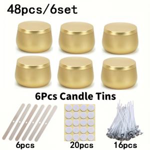 TEMU 48개/6세트 4온스 라운드 금속 캔들 자르 뚜껑 포함, 골드 매트 캔들 자르 스티커, 심지, 심지 홀더 포함 - DIY 캔들 만들기 및 보관용 휴대용 빈 용기, 크리스마스 장식, 파티 용품, 캔디 자르, 빈 캔 6개 및 액세서리 42개 포함