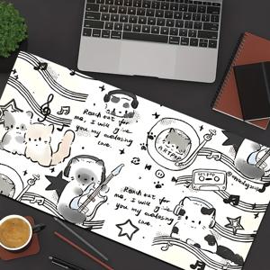 TEMU 대형 귀여운 고양이와 음악 마우스 패드, 고양이와 쥐 디자인 - 미끄럼 방지 고무 베이스 및 스티치 처리된 가장자리 데스크 매트, 게이밍 및 사무용으로 적합, 89.92x39.88cm - 게이머 및 전문가를 위한 완벽한 선물|태블릿PC