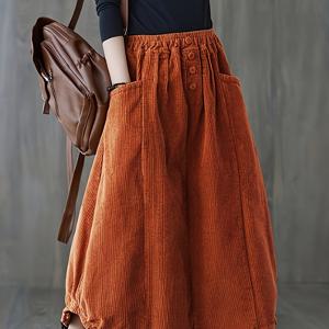 TEMU 플러스 사이즈, 빈티지 문학적 미디엄 스커트, 가을/겨울 스타일, 루즈핏 다용도 코듀로이 버드 스커트, 롱 스커트