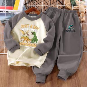 TEMU 봄/가을 의상, 남아용 공룡 프린트 라운드넥 긴팔 스웨트셔츠 세트, 2025년 신상 남아용, 6-12세, 스포티 풀오버 및 바지 포함, 남아용 스타일리시 긴 바지, 신상 스플라이스 긴팔 투피스 세트