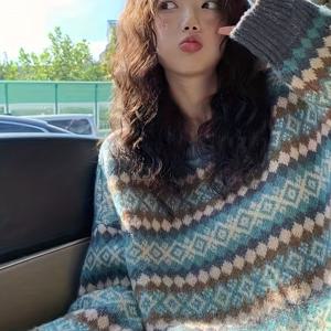 TEMU 레트로 일본 스타일 여성용 루즈 스웨터, 2025년 신상 가을/겨울 컬렉션, 패턴 및 라운드넥 특징