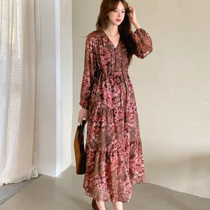 TEMU 새로운 V넥 무릎길이 시폰 맥시 드레스, 드로스트링 허리와 플로럴 프린트, 다용도 롱핏