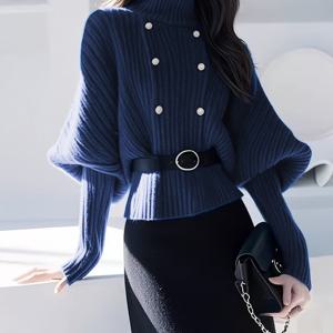 TEMU 새로운 여성 의류, 가을/겨울용 하이넥 스웨터. 우아함과 전문성을 강조하는 스타일. 이 스웨터는 더블 브레스트 디자인을 특징으로 합니다.|여성의류