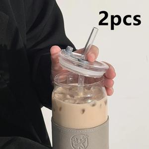 TEMU 대용량 빨대 유리컵 2개입 (약 15.21 온스), 아이스 커피, 위스키, 소다, 차에 적합, 뚜껑, 빨대, 슬리브 장식 포함