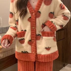 TEMU 여성용 가을 겨울 코랄 파자마 귀여운 복숭아 홈웨어 루즈 패션 가디건 세트