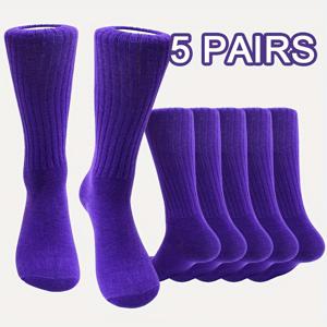 TEMU 5켤레 보라색 남녀공용 초극세사 부드럽고 따뜻하며 편안한 니트 타이즈 하이 삭스 (가을, 겨울용) - 높은 다리 커버리지, 캐주얼 스타일, 부드럽고 접을 수 있는 신축성 있는 디자인으로 가족과 함께 나누기 좋은 선물입니다.
