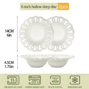 TEMU 흰색 세라믹의 속이 빈 디자인의 딥 플레이트 2개 세트입니다. 6/8인치로 제공되며, 아침 식사, 디저트, 빵에 적합합니다. 이 가정용 세라믹 접시는 스테이크, 파스타, 스시, 케이크를 서비스하는 데 이상적입니다. 둥근 유럽 스타일입니다.
