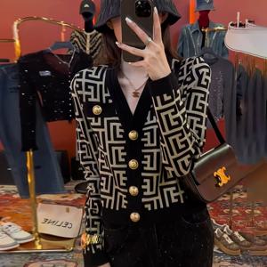 TEMU 프렌치 스타일 V넥 가디건 여성 가을 컬러블록 체크 스웨터 코트 2025 신상 클래식 엘레강스 스타일 하이엔드 탑