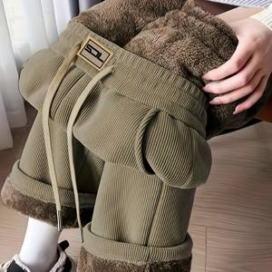 TEMU 2025년 신상 여성용 기모 안감 레그 팬츠, 두꺼운 보온 와이드 레그 트라우저, 겨울철에 패셔너블하고 캐주얼한, 다용도 루즈핏|냉장고바지|바지|여성의류