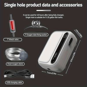 TEMU 싱글홀 디자인 아쿠아리움 산소펌프, 어항 공기 펌프, 0.0~302.83리터 어항 및 수경재배용 산소 버블 머신, 항공 케이블, 돌, 조절 밸브 무소음 폼 펌프, USB 충전식