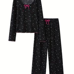 TEMU 봄/가을 여성용 부드러운 플란넬 골지 리브 파자마 세트 (리본 장식)|냉장고바지|파자마|바지