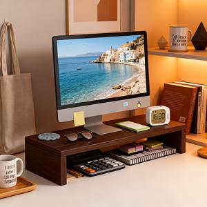 TEMU 인체공학적 컴퓨터 모니터 데스크 정리함 (통합 수납 랙 포함) | PC, 노트북, iMac, 프린터, TV, 게이밍 모니터에 적합 | 목과 눈의 피로 감소 | 가정 사무실 및 학습 공간을 위한 공간 절약 솔루션 | 나무 재질|컴퓨터책상