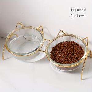 TEMU 고양이용 유리 이중 볼 세트, 높은 볼, 금색 철제 프레임 미끄럼 방지, 과학적인 기울기 각도로 애완 동물을 더 잘 보호, 고양이 및 강아지에게 적합