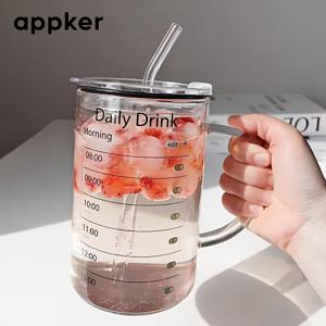 TEMU 1개 대형 유리컵 (빨대 & 뚜껑 포함) - 아이스 커피, 차, 스무디용 타임 프린트 - 신선도 추적을 위한 타임 마커, 핫/음료, 주방용 다목적 유리 텀블러|텀블러