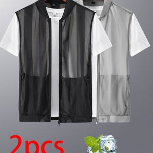 TEMU 남성용 캐주얼 슬리브리스 스탠드 칼라 조끼, 여름용 얇은 메쉬 홀로우드 조끼, 반투명 폴리에스터 원단, 기계 세탁 가능, 건조 세탁 가능, 야외 사진가 조끼, 오픈 프론트 지퍼 코트