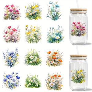 TEMU 12개/세트 수채화 꽃 유리병 포장 스티커 | UV DTF 고자체 접착 전사 용지, 컵 및 병 장식에 적합, 혼합 색상, 일회용, 브랜드: YVINNDY