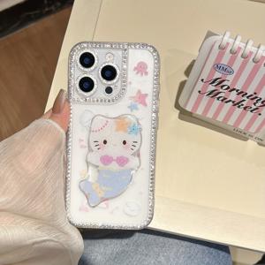 TEMU 휴대폰 케이스 - 여름 만화 폰 케이스, Apple 16, 15 Pro Max, 인어, 고양이 스탠드, 아이폰 13, 11 호환, 글리터