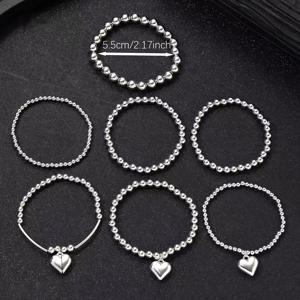 TEMU 7개 고급 샤이니 소프트 실버 컬러 합금 비즈 팔찌 세 개의 사랑의 하트 레이어 팔찌 세트, 데일리 연회 착용에 적합