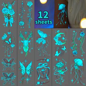 TEMU 여성을 위해 디자인된 빛나는 나비 타투 스티커 12장. 야간 클럽 음악 행사에서 바디 데코레이션에 이상적인 반짝이는 방수 핑크 시뮬레이션 임시 타투