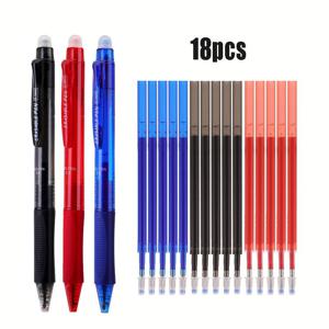 TEMU 18개입 0.5mm 지우개 젤 펜 내장형 지우개 포함 - 3개의 펜 + 15개의 리필, 편안한 그립감, 학교 및 사무용 미세 필기 도구, 혼합 색상(검정, 빨강, 파랑), 내구성 있고 쉽게 지워지는, 학생 및 전문가에게 완벽한, 슬림한 펜 디자인, 부드러운 필기 경험, 지울 수 있는 펜, 지우개가 있는 볼펜, 문구류, 학교 액세서리