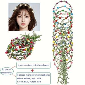 TEMU 10개입 플로럴 크라운 헤어밴드 - 꽃 화환, 웨딩, 파티, 포토샵용, 결혼식, 축제, 휴가, 요정 코스튬 파티에 적합