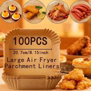 TEMU 에어프라이어, 오븐, 전자레인지에 적합한 스틱 파스텔 라이너 100개입. 고온에 강하고 러플 엣지가 특징이며, 흘림 방지 기능으로 치킨 윙, 감자튀김, 파티용으로 이상적이며, 간편한 청소 가능.|에어프라이어
