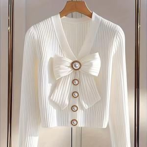 TEMU 여성용 우아한 긴팔 티셔츠, 골지 원단, 리본 장식, 가을 시즌을 위한 인조 진주 버튼 디자인