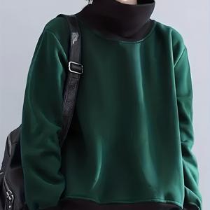 TEMU 여름/겨울 여성용 스타일리시 단색 캐주얼 레트로 컬러 블록 하이넥 스플라이스 데일리 출퇴근 스웨트셔츠