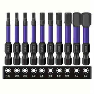 TEMU 10개 마그네틱 육각 드릴 비트 세트. 1/4 육각 생크로 제작되었으며, H1.5부터 H8.0까지의 미터법 사이즈로 제공됩니다. 다양한 프로젝트에서 내구성과 사용 용이성을 위해 설계되었으며, 충격에 강하고, 포스파팅 처리된 엔드가 있습니다. 크기는 50mm입니다.