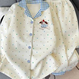 TEMU 여성용 아늑한 가을/겨울 잠옷 세트, 강아지 자수 & 물방울 무늬 프린트 - 부드러운 긴소매 가디건 & 바지, 한국 패션 Y2K 스타일, 라펠 칼라 긴팔 상의, 집 또는 캐주얼 웨어에 적합, 겨울 잠옷 | 장난기 넘치는 디자인 | 편안함|잠옷|블라우스|냉장고바지