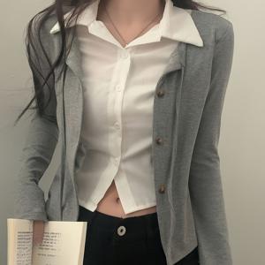 TEMU 2025 봄/여름/가을 캐주얼 긴팔 컬러 블록 가디건 | 한국 스타일 루즈핏, 폴로 칼라, 버튼 디테일, 스키니 핏