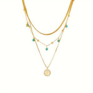 TEMU 스테인리스 스틸 터키석 생명의 나무 목걸이 - 18K 금도금 삼중 체인 펜던트 주얼리, 파티 & 캐주얼 복장용 미네랄, (터키석 적합)