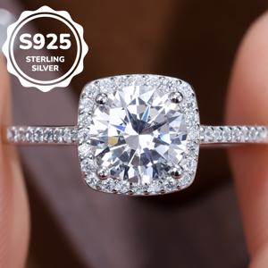 TEMU 여성용 선물 상자 포함 2.0g S925 순은 심플 스퀘어 합성 지르코니아 약혼 반지