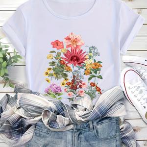 TEMU 여성용 플로랄 프린트 반팔 티셔츠 - 부드러운 스트레치 라운드 넥 여름 상의, 생동감 있는 꽃 디자인, 쇼핑 및 모임용 비침 방지 캐주얼 티셔츠