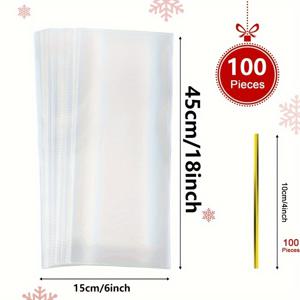TEMU 6 X 18인치 셀로판 봉투 100개, 투명 플라스틱 셀로판 선물 봉투, 와인 선물 포장용, 골드 & 실버 100개 포함, 선물 포장, 와인, 사탕, 휴일 파티 용품