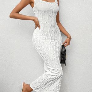 TEMU 여성용 우아한 민소매 스퀘어넥 바디콘 드레스 - 단색 텍스처 스트레치 미디 드레스, 기계 세탁 가능 사계절 캐주얼 & 정장용, 타이트 핏, 중간 탄력