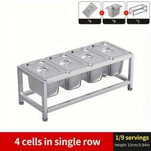 TEMU 1/9 싱글 로우 4칸 트레이 랙 - 밀크티 가게용, 잼 박스, 과일 파우더 칸, 뚜껑 있는 양념 그리드, 사각 박스