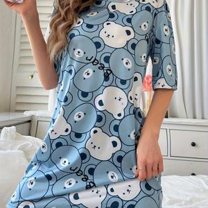 TEMU 여성용 귀여운 캐주얼 만화 곰돌이 프린트 반팔 원피스 드레스