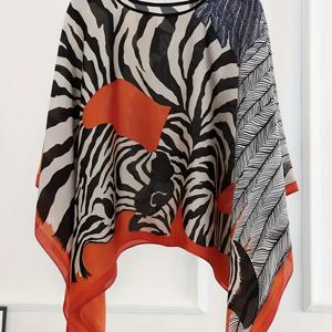 TEMU 플러스 사이즈 루즈핏 얼룩말 프린트 컬러블록 비대칭 밑단 셔츠 - 봄 여름 가을용 우아한 라운드넥 탑, 캐주얼 & 포멀 웨어, 장식 패턴, 논스트레치 원단