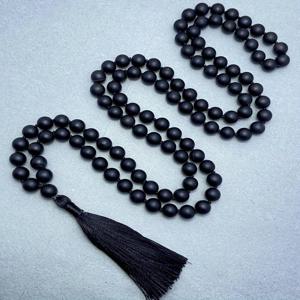 TEMU 핸드메이드 8MM108 천연 무광 블랙 아게이트 비즈 매듭 말라 목걸이 기도 로자리 스톤 여성 스웨터 체인 남성 태슬 넥리스