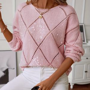 TEMU 솔리드 컬러 시퀸 라운드넥 여성 패션 루즈 스웨터