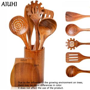 TEMU AIUHI 7피스 나무 주방용품 세트, 나무 요리용 숟가락, 나무 홀더, 나무 스파게티 숟가락 등, 내열성 내구성 나무 조리도구