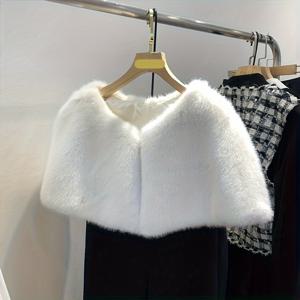 TEMU 우아한 단색 인조 모피 랩 숄 - 폴리에스터 섹시한 성숙 스타일 웨딩 및 파티용 케이프 - 손세탁 가능, 신축성 없는 편안함 - 따뜻하고 장식적이며 방풍