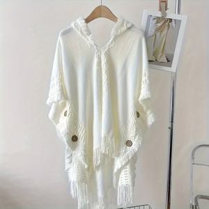 TEMU 세련된 태슬 케이프 숄 - 후드 패셔너블 스카프, 부드러운 스웨터, 봄/가을 여행용 캐주얼 풀오버, 원 사이즈, 화이트, 다용도하고 편안한 여성 의류.