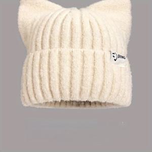 TEMU 겨울 일본 스타일 귀여운 고양이 귀 비니 모자 남녀 공용 따뜻한 니트 스컬 캡 아크릴 리브 손세탁 가능 가벼운 비늘이 없는 비니