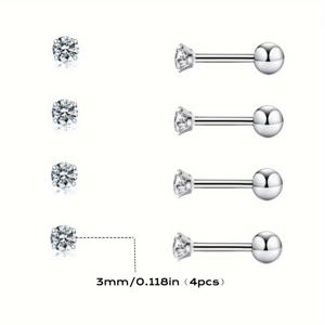 TEMU 4개 세트 울트라샤인 클래식 포프롱 라운드 스터드 귀걸이, 저자극성 티타늄 스테인리스 스크류 백 이어커프, 남녀 공용 패션 피어싱 주얼리|귀걸이|피어싱