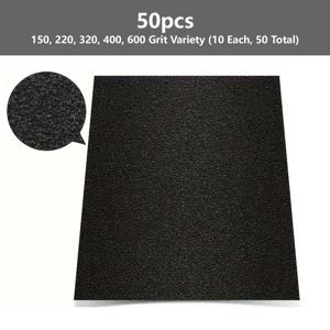 TEMU 50장 혼합 그릿 사포 세트, 150/220/320/400/600, 습식/건식 사용, 자동차, 목공, 금속 마감, 손 샌딩 블록, 종이 재질, 조립 그레인