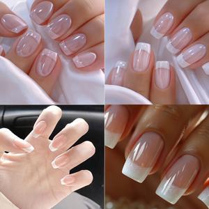 TEMU 4세트 (96개입) 중국 스타일 화이트 프렌치 광택 프레스온 네일, 데이트 및 일상복에 완벽한 여성용, 반짝이는 글리터 특징. 이 탈부착 가능한 프레스온 네일 키트는 젤리 글루와 파일이 함께 제공됩니다.